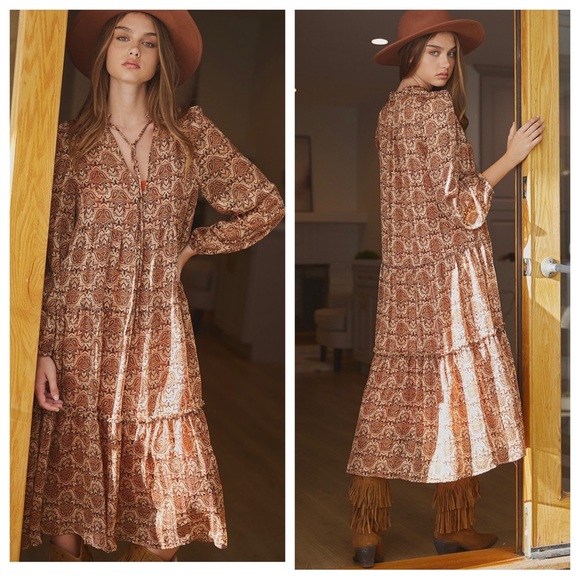 03 Boho Fabulous Geometric Printed Long sleeve dress - Picture 2 of 4